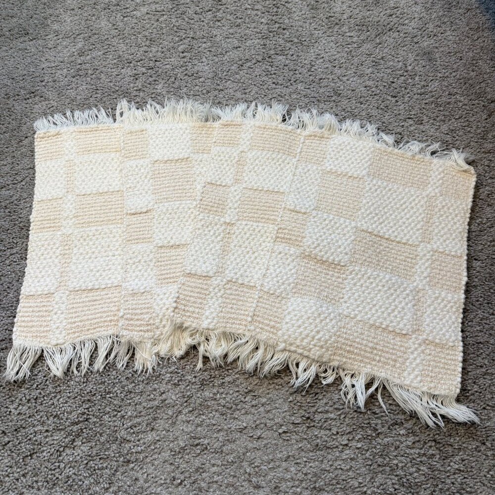 Handwoven Beige Checkered Table Mats Set Of 4 With Fringe Boho Natural Farmhouse